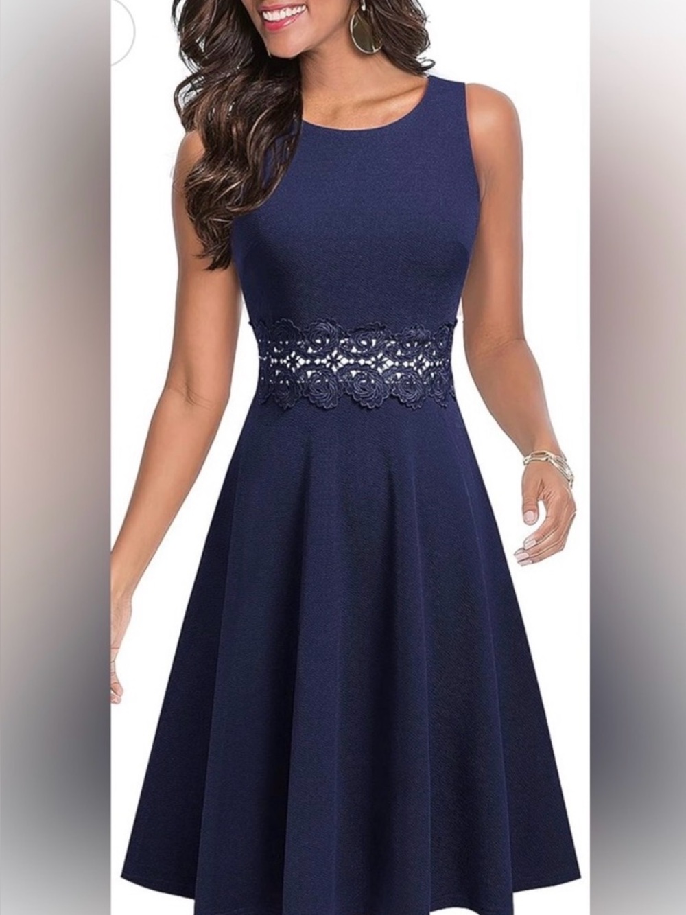 Navy Sleeveless Midi Dress with Lace Waist NWT